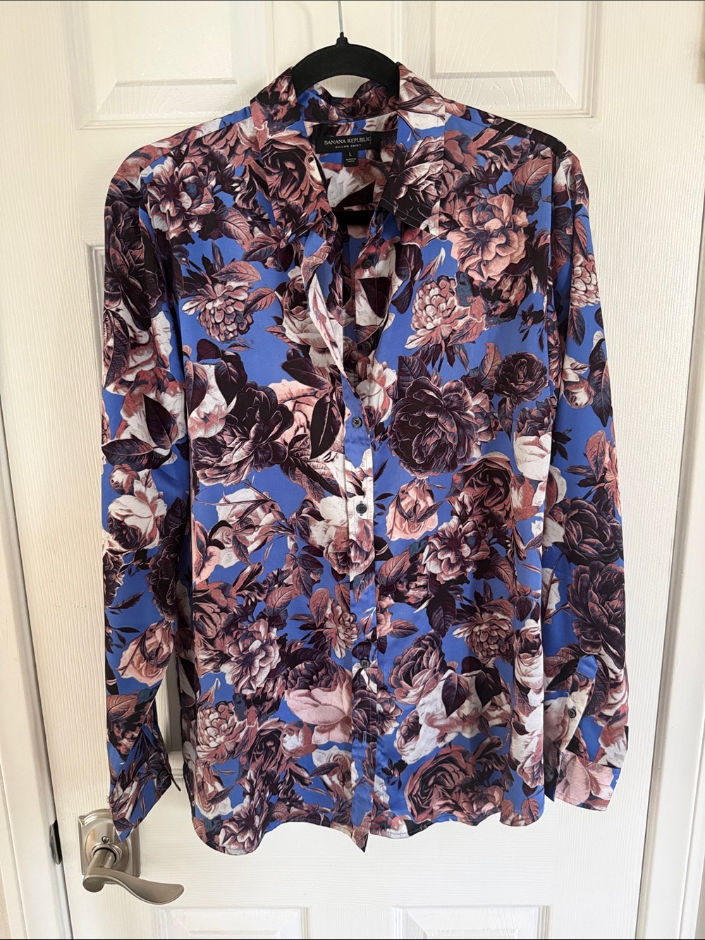 Banana Republic Blue Floral Button-Up Blouse with Brown and Cream Blooms